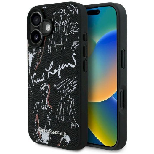 Karl Lagerfeld Grained Pattern & Logo MagSafe kaitseümbris iPhone 16 jaoks / must