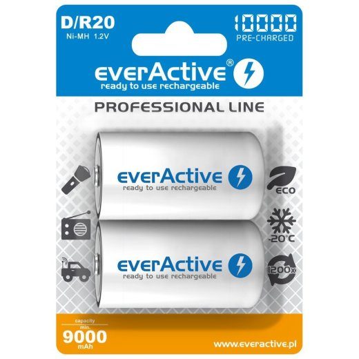 Laetavad everActive R20/D Ni-MH 10000 mAh akud kasutusvalmis