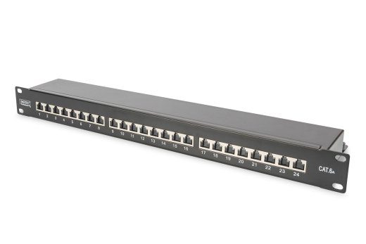 CAT 6A Patch Panel RJ45, 8P8C Suitable for 483 mm (19") cabinet mounting; Transmission properties: Category 6A, Class EA; Area of application: Up t
