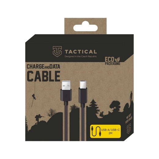 Taktinis lygiuotas USB-A/USB-C kabelis su sriegiu 2m / juodas