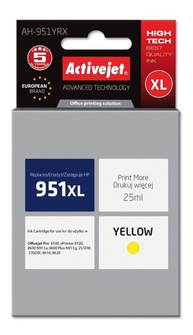 Activejet AH-951YRX Tint (asendus HP 951XL CN048AE jaoks; Premium; 25 ml; kollane)