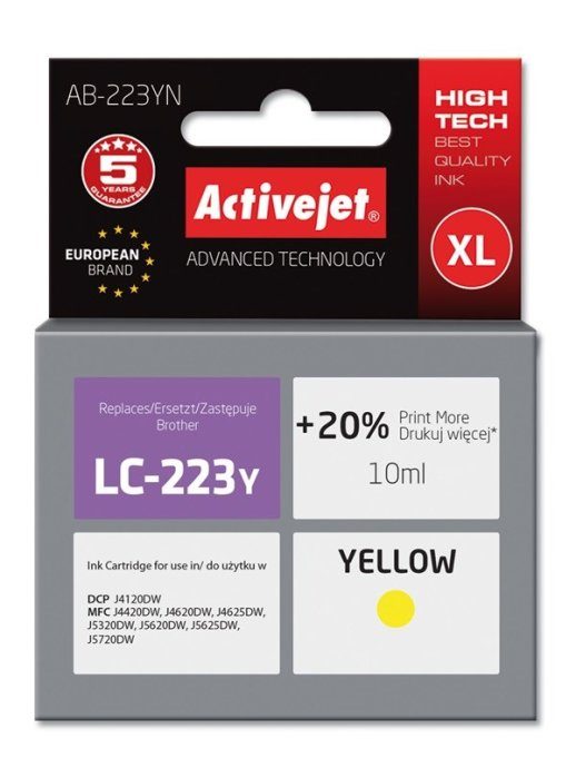 Activejet AB-223YN tindid (asendus Brother LC223Y jaoks; Supreme; 10 ml; kollane)