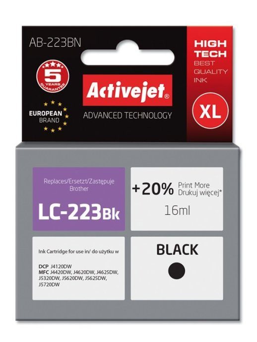 Activejet AB-223BN Tint (asendus Brother LC223BK jaoks; Supreme; 16 ml; must)