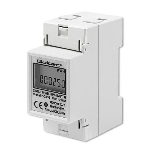 Qoltec 50899 Ühefaasiline elektrooniline energiatarbimise mõõtur 230 V LCD 2P DIN-rööbas