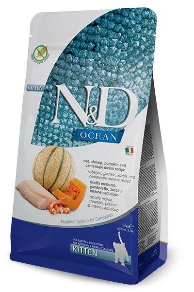 FARMINA N&D Ocean Cat tursk, rebase, kõrvits ja melon Kitten - kuivkassitoit - 1,5 kg