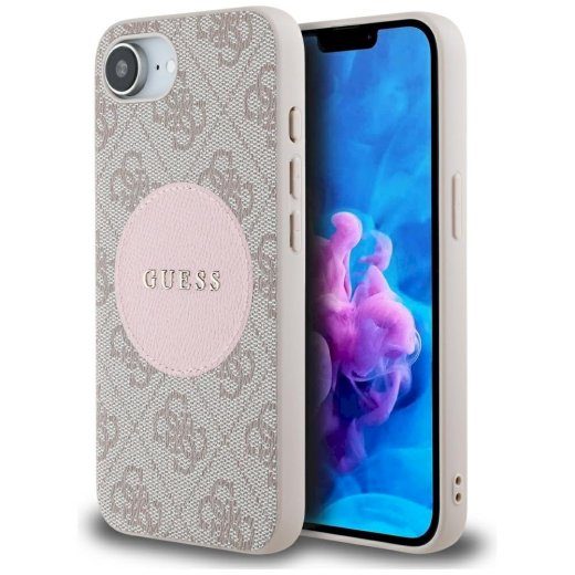 Guess 4G ring klassikaline logo MagSafe ümbris iPhone 16e / 17e jaoks roosa