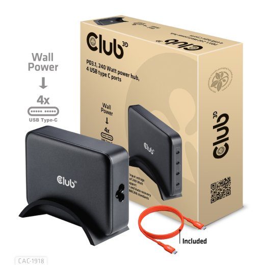 Club3D CAC-1918 GaN reisilaadija 240Watt 4xUSB-C PD must