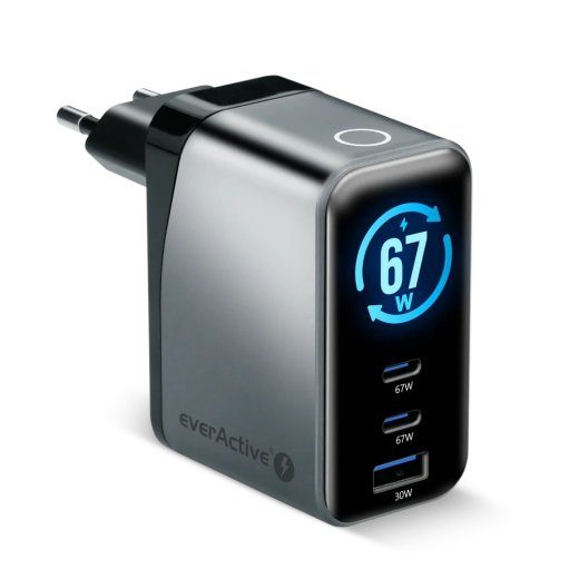 GaN Charger with 1 USB and 2 USB-C Quick Charge 4+ 67W black