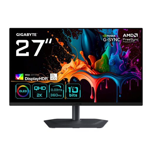 GIGABYTE MO27Q3 27” OLED QHD Gaming Monitor - 2560 x 1440, 360Hz, 0.03ms, 250 cd/m², G-Sync Compatible, FreeSync Premium Pro, Display HDR True Blac