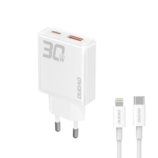 Dudao A30EU 30Watt GaN adapter 1xUSB-C 1xUSB-A (USB-C kuni Lightning kaabel kaasas)