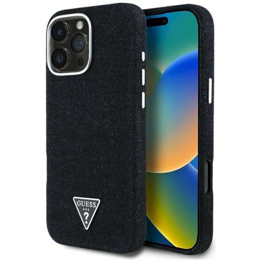 Ümbris Guess Denim Kolmnurkne logo MagSafe iPhone 16 Pro Max jaoks / must