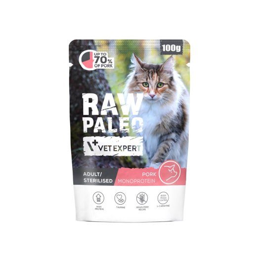 VETEXPERT Raw Paleo Adult Sterilised Pork - märgkassitoit - 100g