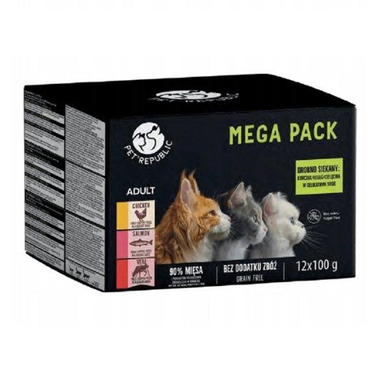 PETREPUBLIC Mega Pack kana, lõhe, vasikaliha märgkassitoit - 12x100g
