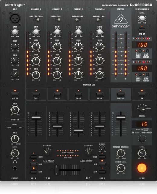 Behringer DJX900USB - professionaalne 5-kanali DJ segamis, INFINIUM 'Contact-Free' VCA Crossfader, Advanced Digital Effects ja USB/Audio Interface