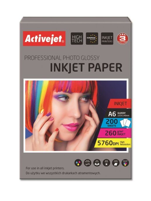 Activejet AP6-260GR200 Läikiv fotopaber; ideaalne fotode, värviliste mälestuste printimiseks, 10x15; (A6; 200 tk.)