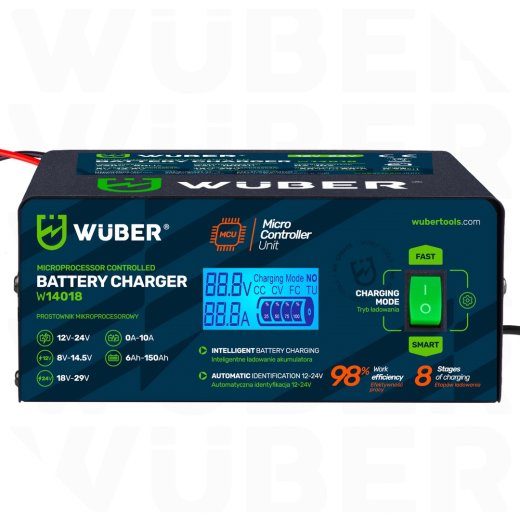 Mikroprotsessoriga kontrollitud autoaku laadija 10 A 6–150 Ah 2–24 V W14018 WUBER