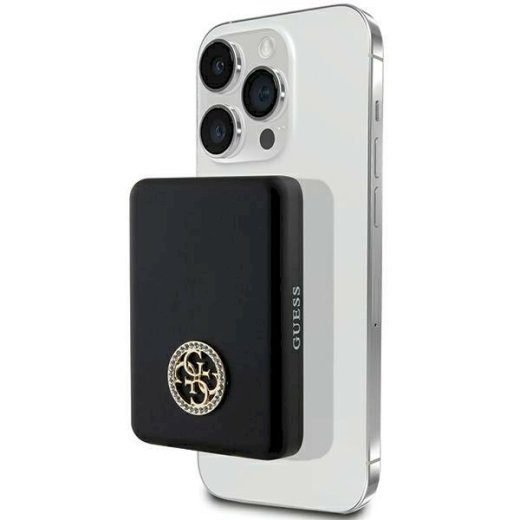 Guess Induktsiooniga Powerbank 15W GUPBM5AL4DMK 5000mAh / must MagSafe 4G Kristallidega Metallist Logo