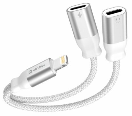 Swissten tekstiiliga Lightning audio-laadimisadapter 2x Lightning 0.12m