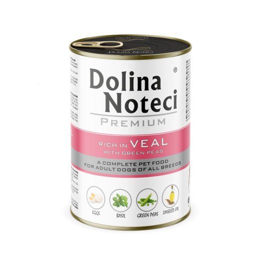 Dolina Noteci Premium Naeratud vasikas roheliste hernetega niiske koeratoit - 400g