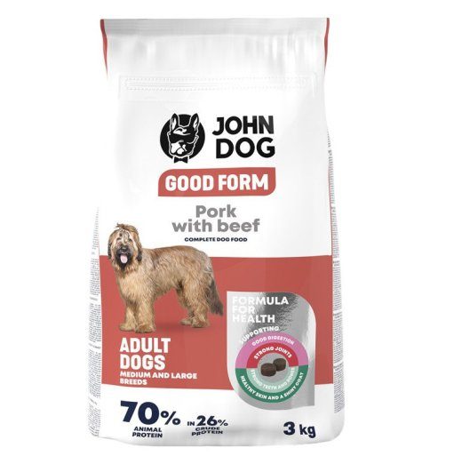 JOHN DOG Good Form Keskmised ja suured tõud Sealiha veisega - kuiv koeratoit - 3kg