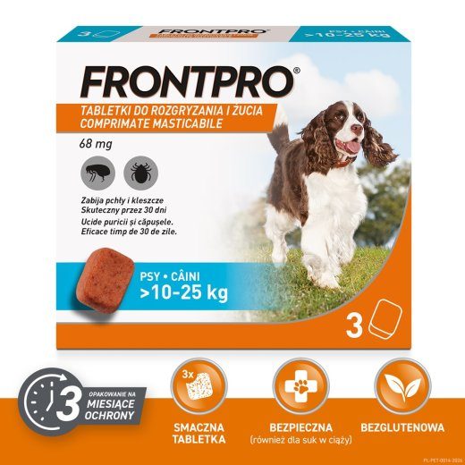 FRONTPRO Kõrvadede ja puukide tabletid koerale (>10-25 kg) - 3x 68mg