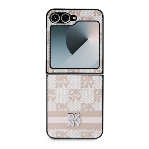 DKNY PU-nahast ruudulise mustriga ja triibuline ümbris Samsung Galaxy Z Flip 6/7 FE jaoks / roosa