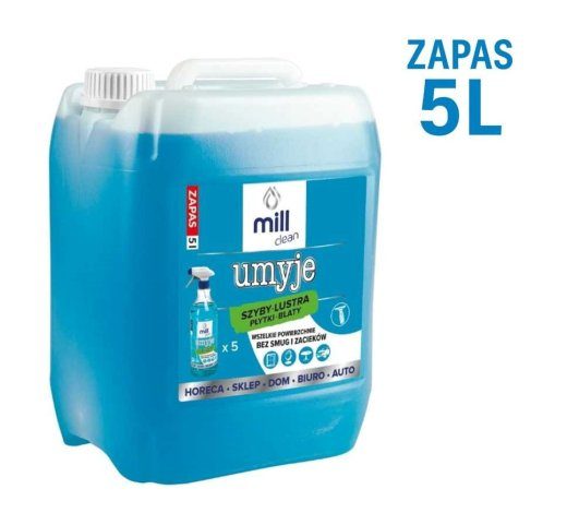MILL CLEAN CLEANS 5 liitrit. Vedelikpuhastaja akendele, peeglitele, plaatidele ja tööpindadele. Eemaldab tolmu ja rasvtahkeid plekke jätmata triipe.
