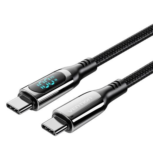 Vention puuvillast paelitud USB 2.0 C Mees-C Mees 5A kaabel LED-kuvaga 1,2M must tsinkliitiumtüüpi