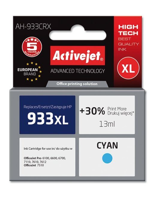 Activejet AH-933CRX Tint (asendus HP 933XL CN054AE jaoks; Premium; 13 ml; tsüaan)