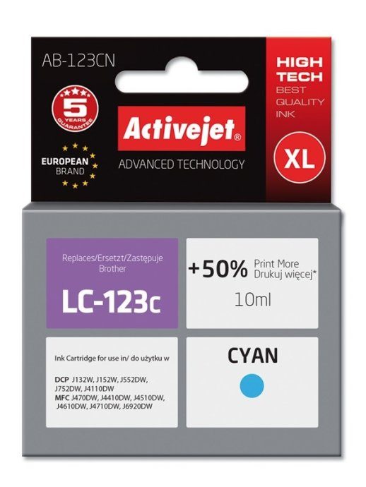 Activejet AB-123CN Tint (asendus Brother LC123C/121C jaoks; Supreme; 10 ml; tsüaan)