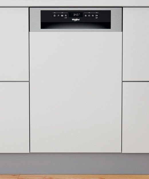 Whirlpool indaplovė WSBO 3O34 PF X Integruojama Plotis 45 cm Vietovių skaičius 10 Programų skaičius 8 Energijos efektyvumo klasė D Ekranas Nerūdija...