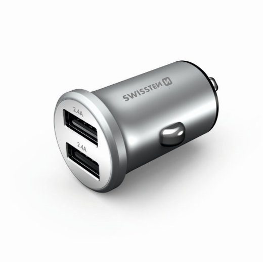 Swissten Metal Premium auto laadija 2 x USB / 4.8A Hõbedane