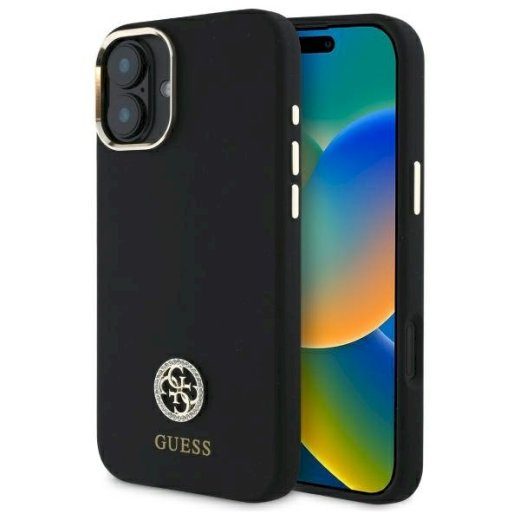 Guess GUHCP16SM4DGPK Silikoon Logo Strass 4G Kõvaümbris iPhone 16 6.1" jaoks / must