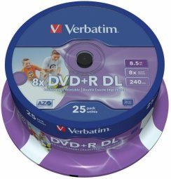Verbatim Blank DVD+R DL  8.5GB Topeltkiht 8x AZO Lai trükitav mitte ID 25 tk Spindle
