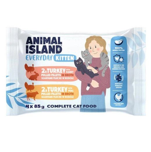 ANIMAL ISLAND Everyday Kitten Kalkun koos küüliku lihaga, Kalkun koos vasikalihaga Kast - märgkassitoit - 4x85g