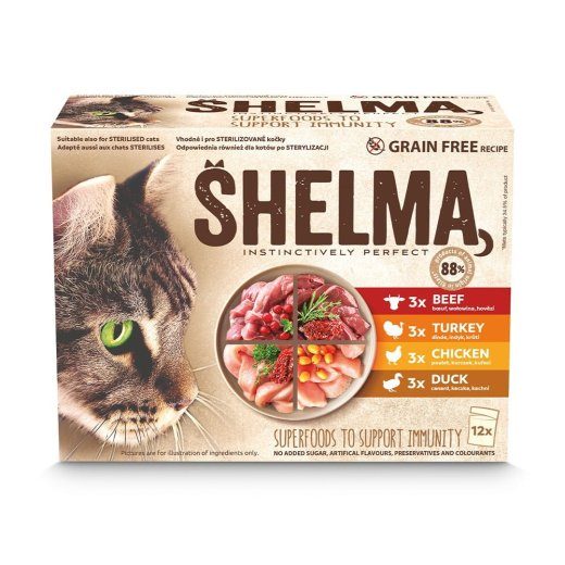 SHELMA kalkuni, hani, kana ja veise lihaga kastmes - märgkassitoit - 12x85g