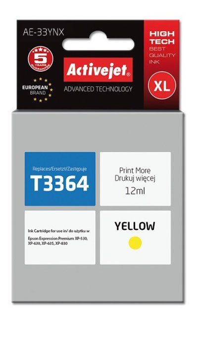 Activejet AE-33YNX tindikassett (asendus Epson 33XL T3364 jaoks; Supreme; 12 ml; kollane)