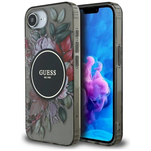 Guess IML Flowers MagSafe ümbris iPhone 16e jaoks / must