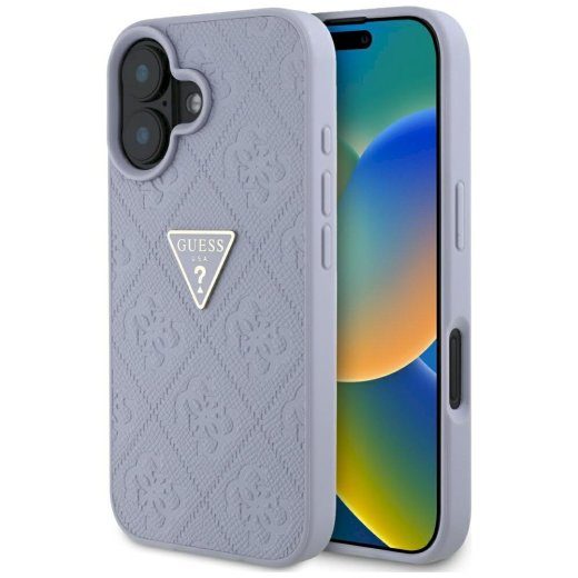 Guess Hot Stamp 4G Pattern Triangle Metal Logo ümbris iPhone 16 jaoks / lilla