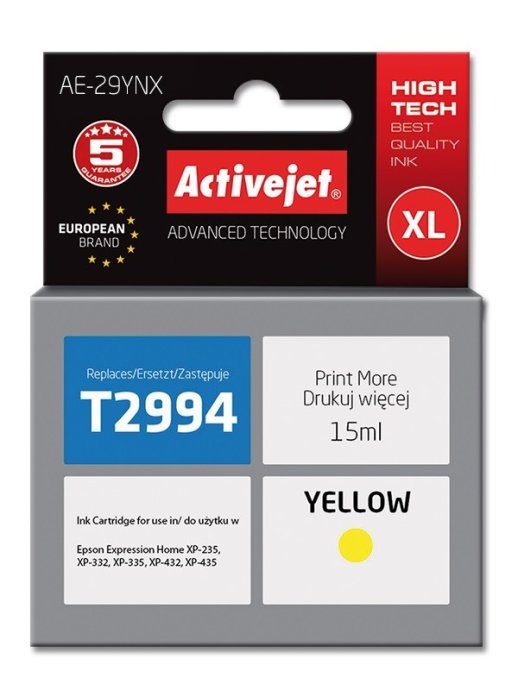 Activejet AE-29YNX tindikassett (asendus Epson 29XL T2994 jaoks; Supreme; 15 ml; kollane)