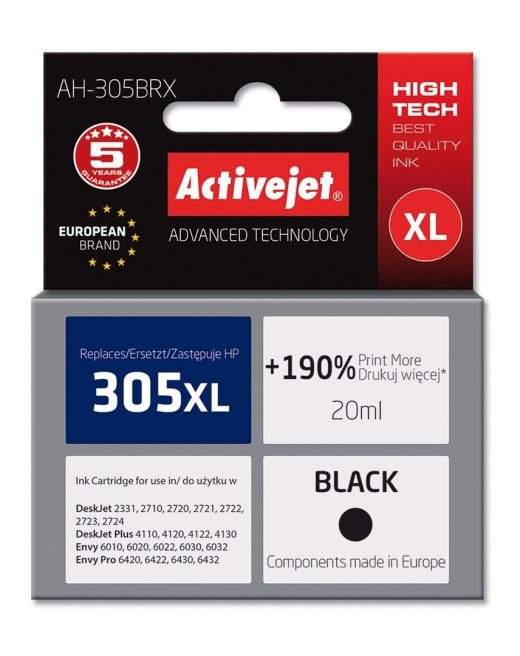 Activejet AH-305BRX tint (asendub HP 305 XL 3YM62AE-ga; Premium; 20 ml; must)