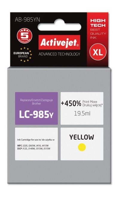 Activejet AB-985YN tint (asendus Brother LC985Y jaoks; Supreme; 19,5 ml; kollane)