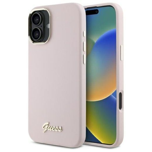 Guess GUHCP16MSMBSLP Silikoon Script Metal Logo & Frame Kõvaümbris iPhone 16 Plus 6.7" jaoks / roosa