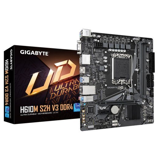 Gigabyte H610M S2H V3 DDR4 eemand - toetab Intel Core 14. põlvkonda protsessoreid, 4+1+1 Hybrid Digital VRM, kuni 3200MHz DDR4, 1xPCIe 3.0 M.2, GbE...