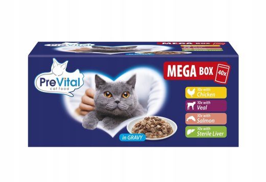 PREVITAL Mega Box vasikaliha, lõhe, maks, kana - 40x100g märgkassitoit