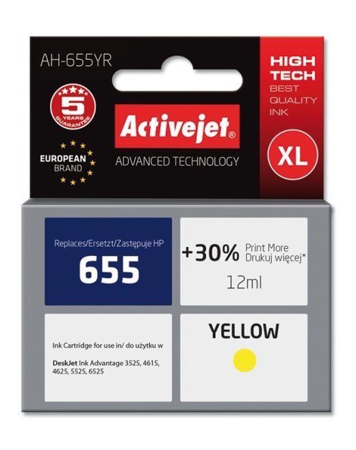 Activejet AH-655YR Tint (asendus HP 655 CZ112AE jaoks; Premium; 12 ml; kollane)