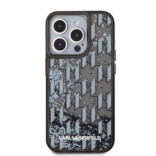 Karl Lagerfeld vedelate hõbedaste monogrammide gradientümbris iPhone 15 Pro jaoks / must
