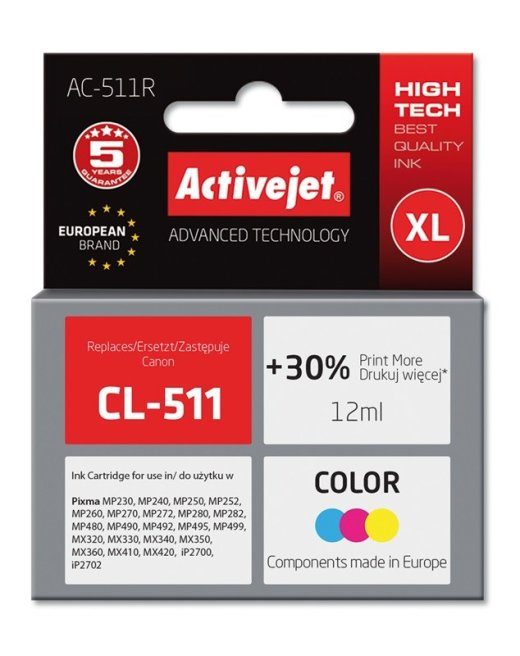 Activejet AC-511R Tindikassett (asendus Canon CL-511; Premium; 12 ml; värviline)