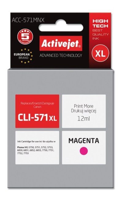 Activejet ACC-571MNX tint (asendus Canon CLI-571XLM-le; Supreme; 12 ml; magenta)