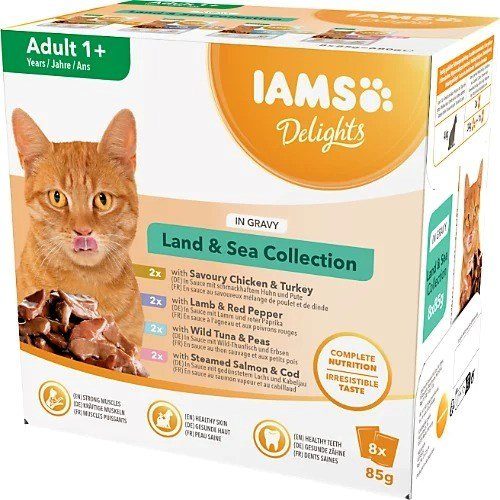 IAMS DELIGHTS Maa & Meri Kollekcioon Kastmes kast – märgkassitoit – 8x85g